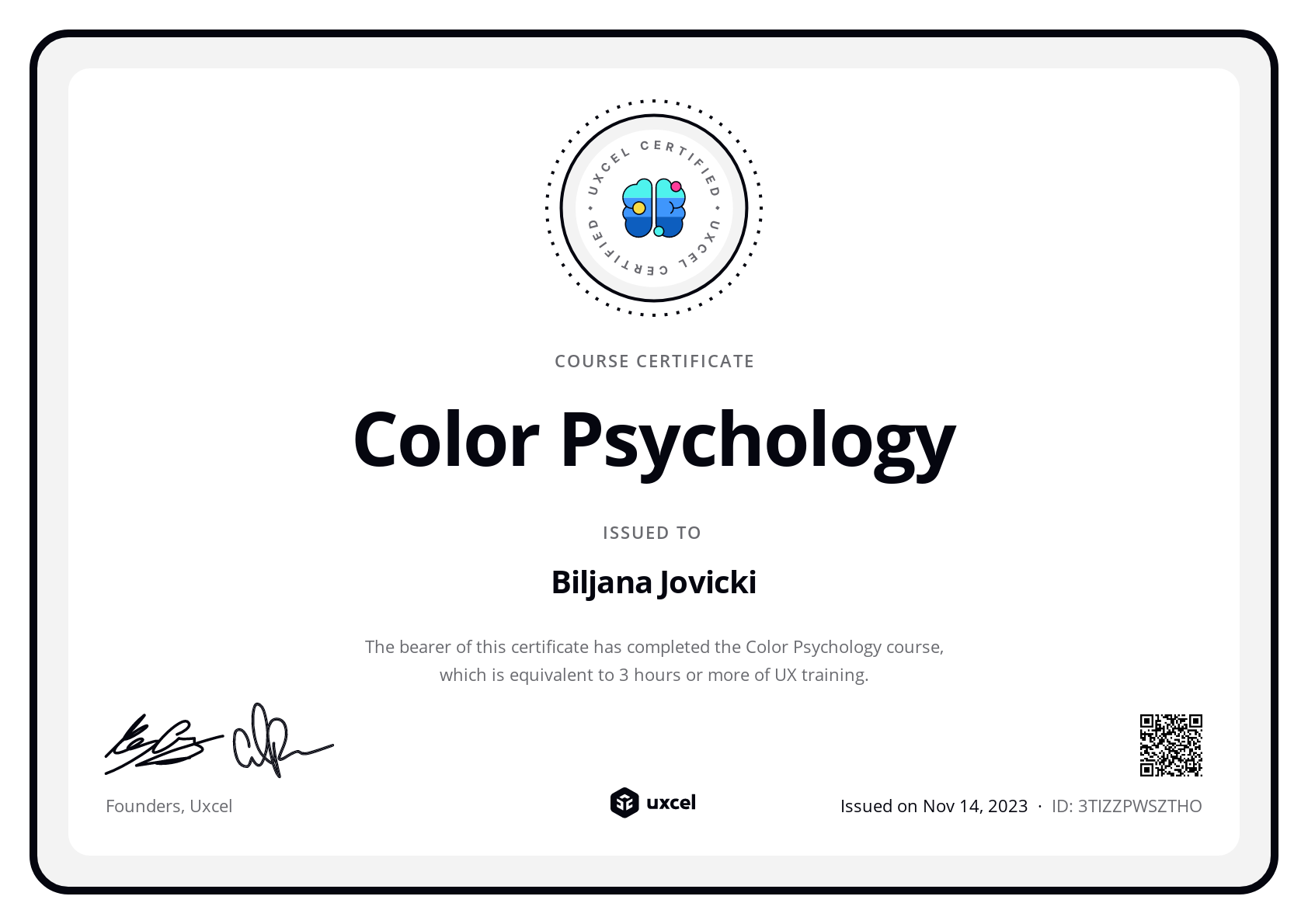 Biljana Jovicki's certificate